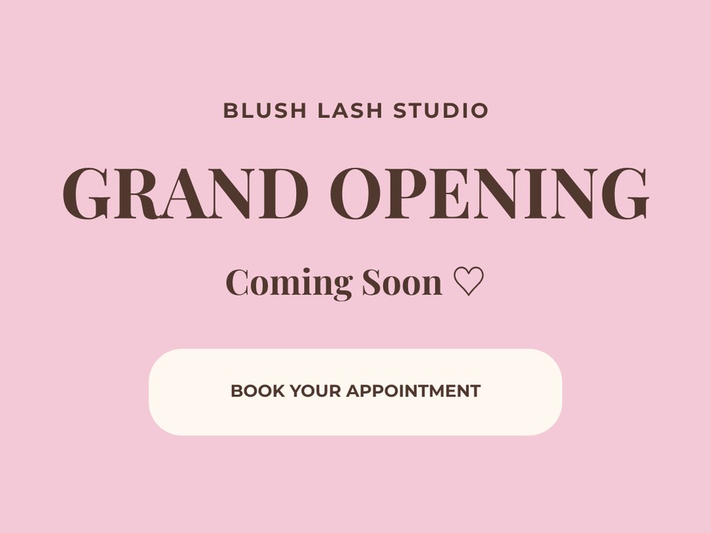 Blush Lash Studio grand opening flyer in pink and espresso
